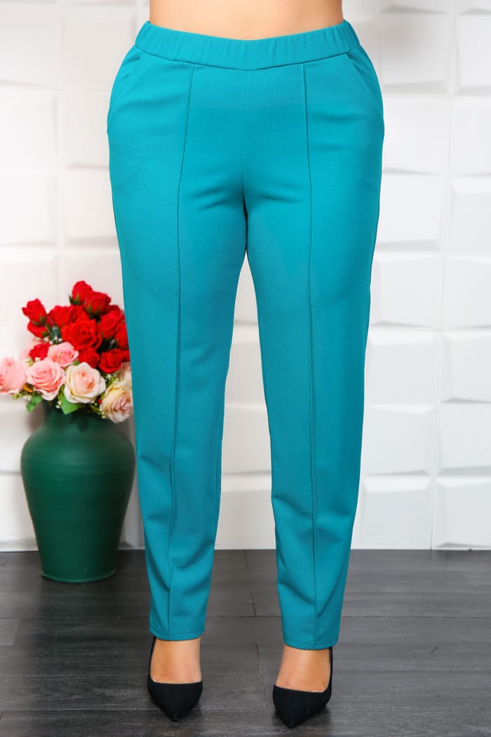 Pantalon Elegant Cu Talie Inalta Turcuaz - imagine 2