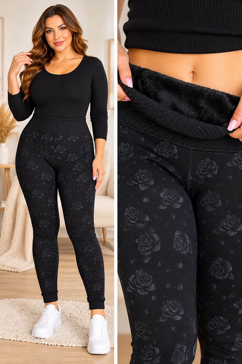 Colanti negri cu flori si captuseala termica - Colanți Îmblăniți 1+1 – 2 Bucăți la 95 Lei | M–6XL