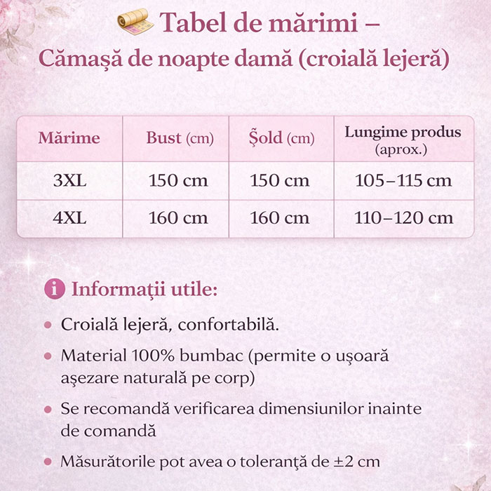 Tabel Camasi de noapte - Camasa de Noapte Bumbac Cod CMM 0001
