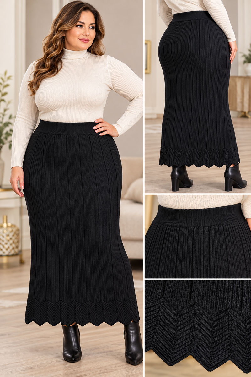 Fusta maxi neagra din tricot reiat - Fustă Lungă Tricotată de Iarnă – Mărimi M–4XL 99 LEI